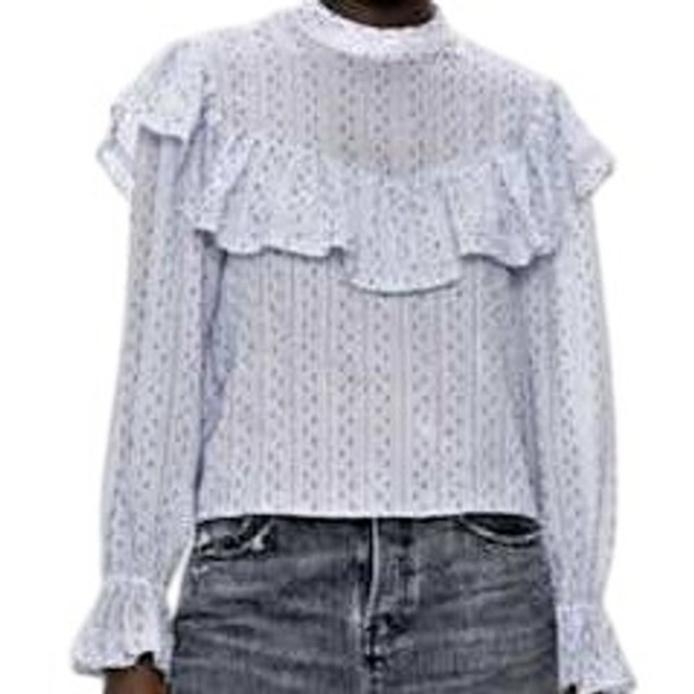 Zara Blue‎ Sheer Polka Dot Ruffle High Neck Blouse XS